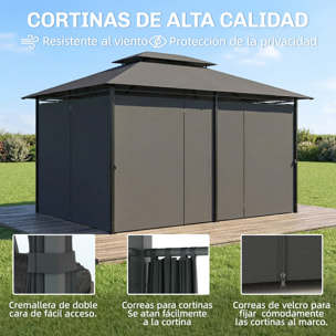 Cenador para Jardín 3x4 m, Pabellón de Jardín, Gazebo con Doble Techo, 6 Paredes Laterales, Estructura Metálica, Drenaje, Carpa para Exterior, Terraza, Patio, Gris