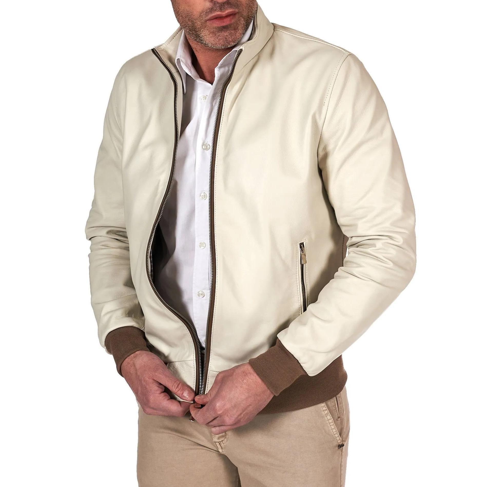 Giubbotto bomber in pelle color crema con profili a contrasto fango