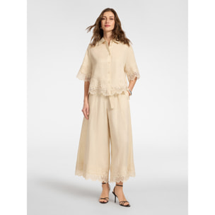 Elena Mirò - Pantalones cropped de lino con encaje - Beige