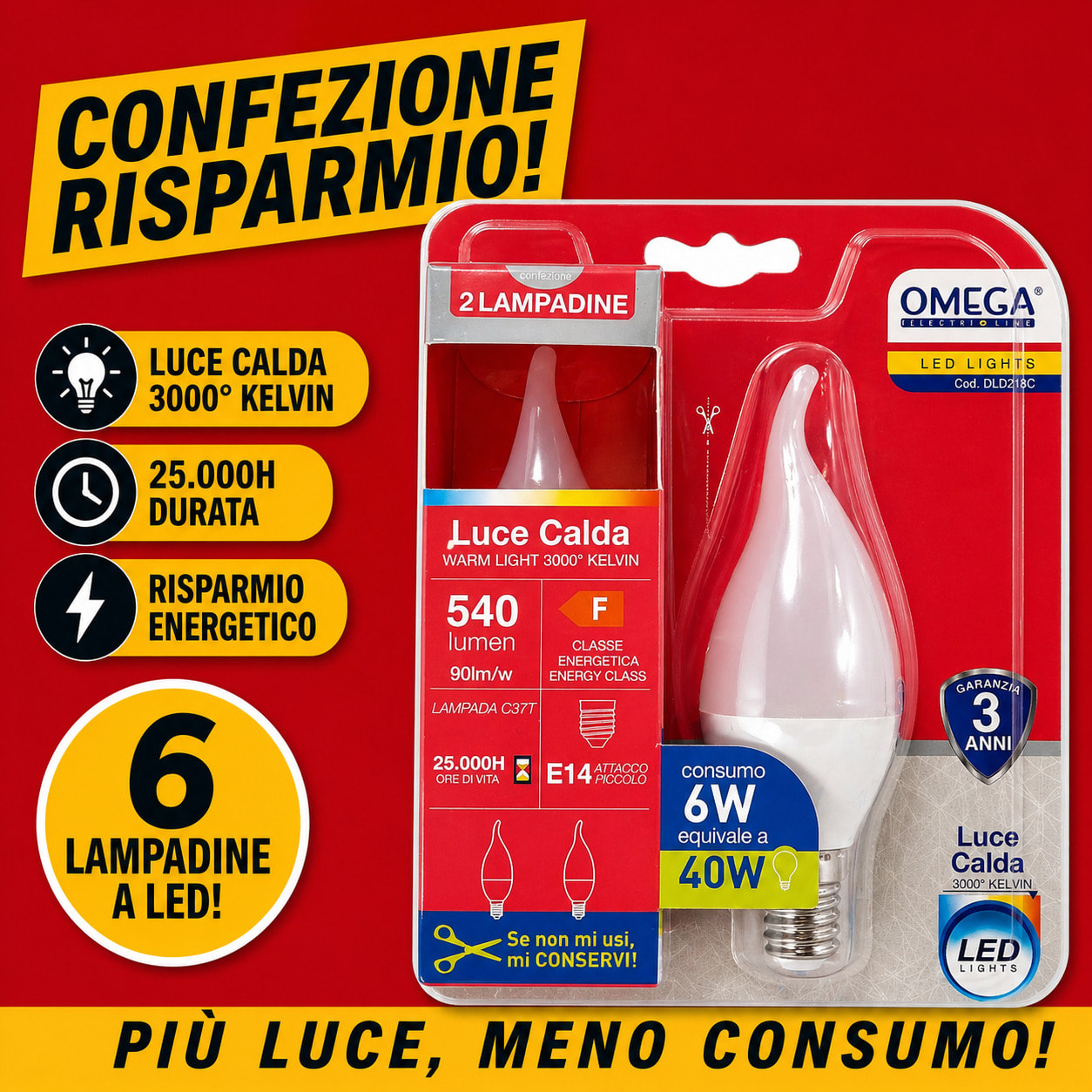 OMEGA Set 6 Lampadine LED Soffio di Vento 6W E14 3000K