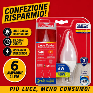OMEGA Set 6 Lampadine LED Soffio di Vento 6W E14 3000K
