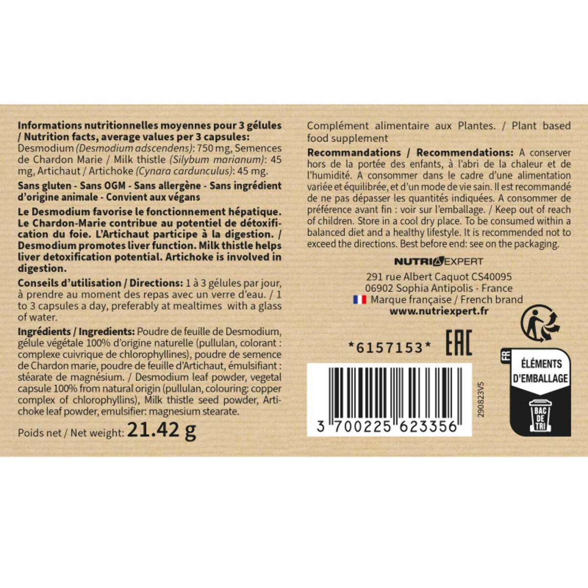 NUTRI EXPERT - Desmodium Synergisé - Contribue à la détoxification du foie - Favorise le bien-être digestif - Favorise le fonctionnement hépatique - Lot de 2 produits