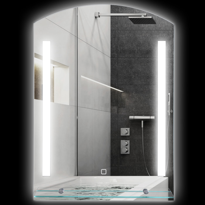 Espejo de Baño con Luces LED 70x50 cm Espejo para Baño con Interruptor Táctil Iluminación Regulable Función de Memoria y Estante de Vidrio para Salón Entrada Plata