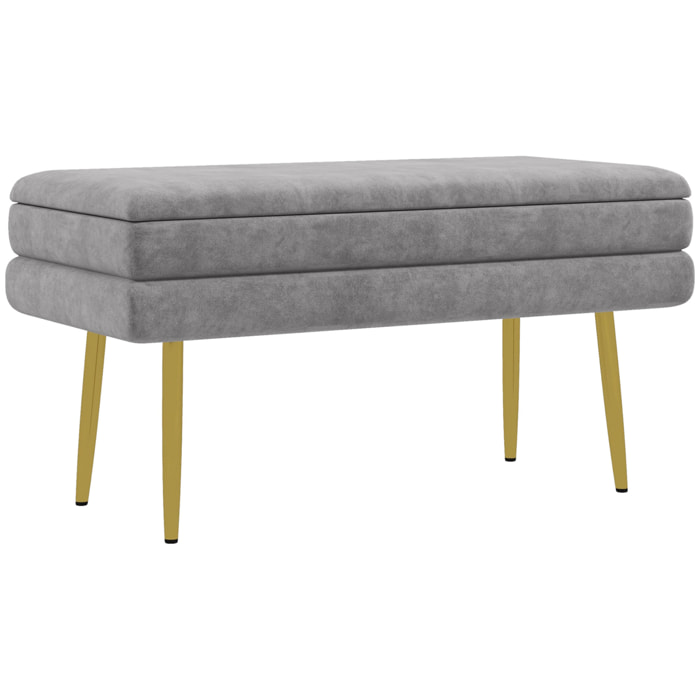 Banquette coffre de rangement 2 en 1 piètement effilé incliné acier doré velours gris clair