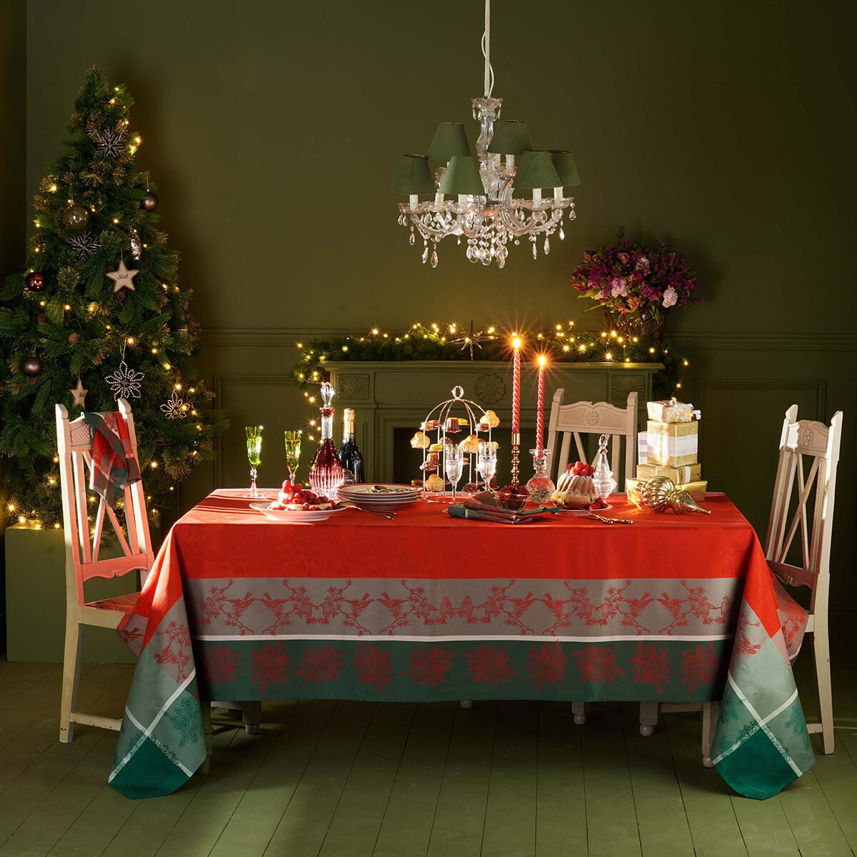 Nappe anti tache pur coton jacquard Cadeaux de noel rouge