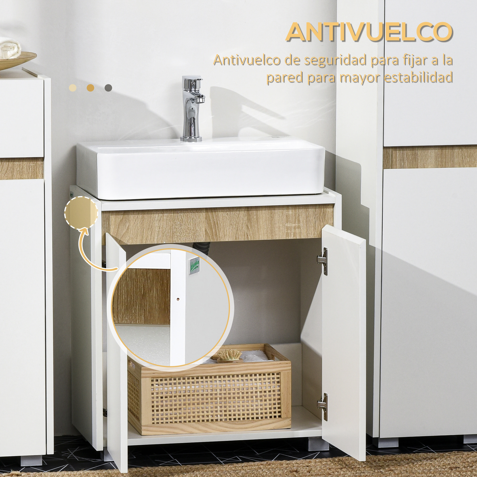 kleankin Mueble para Debajo del Lavabo Armario de Suelo para Baño Armario Bajo con 2 Puertas y Almacenamiento Interior Antivuelco 57x33x60 cm Blanco