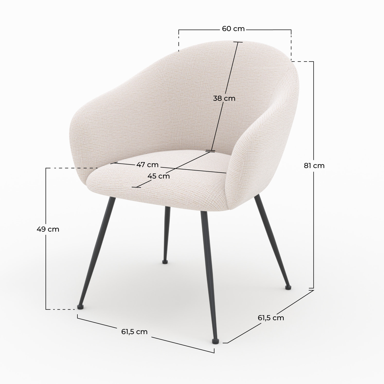 Fauteuil en tissu blanc chiné et pieds en métal noir - Socky