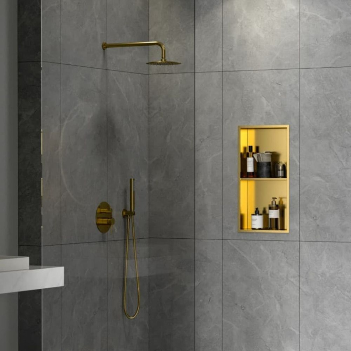 Niche de Douche à encastrer, Acier Inoxydable 304, 2 étagères, 60x30x10cm, Or brossé PVD (SATAURN6030SBG)