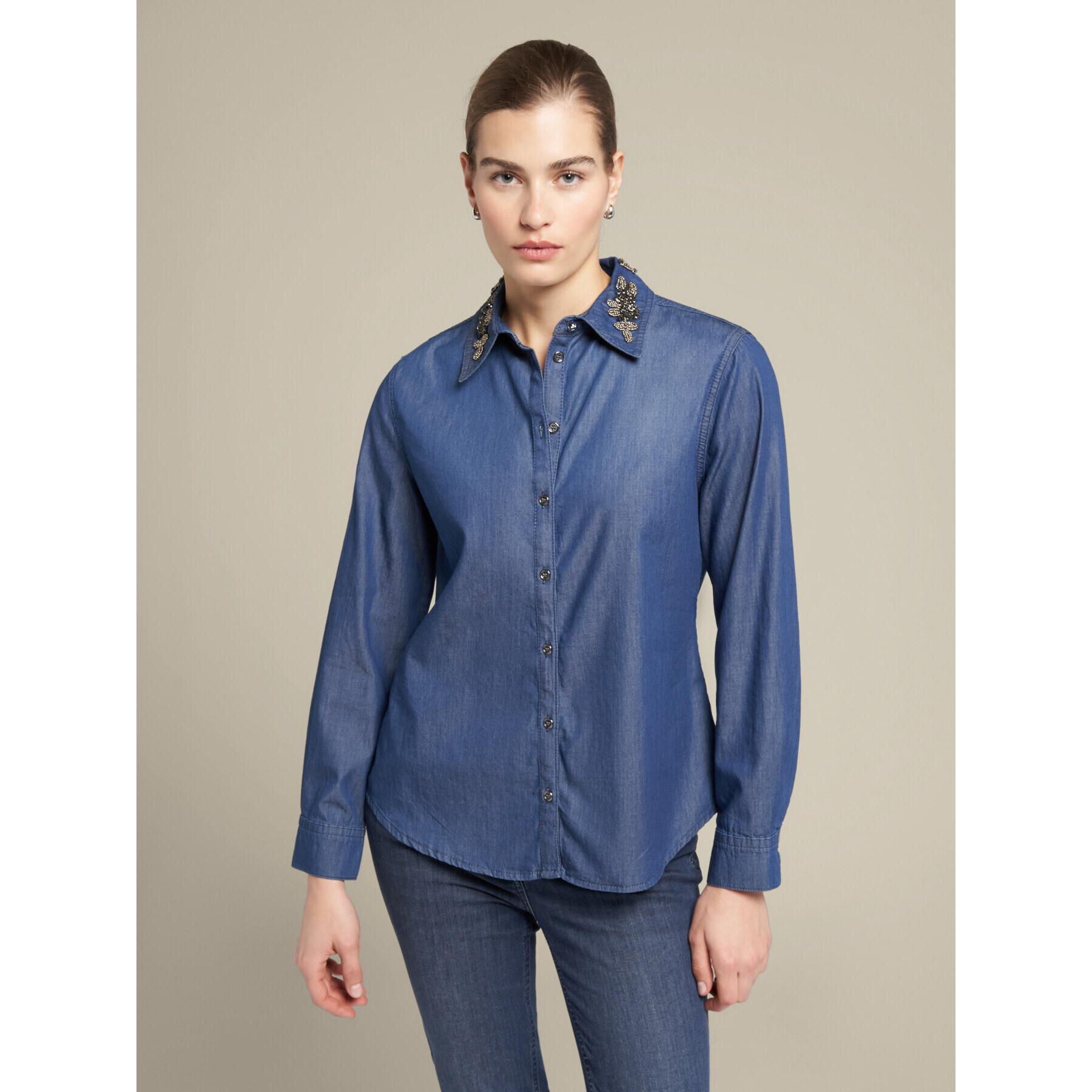 Elena Mirò - Camicia in denim con ricamo a mano sul colletto - Blu