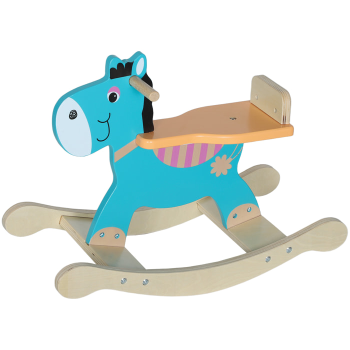 Cheval à bascule en bois - jouet à bascule âne - poignées, dossier - bois contreplaqué bleu