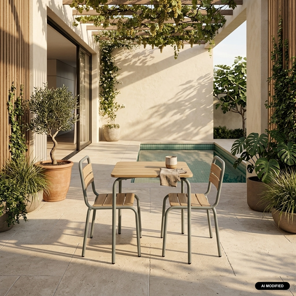 Table de jardin enfant acier et décor bois + 2 assises SUZIE 2 PLACES