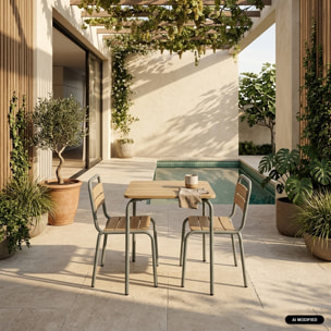 Table de jardin enfant acier et décor bois + 2 assises SUZIE 2 PLACES