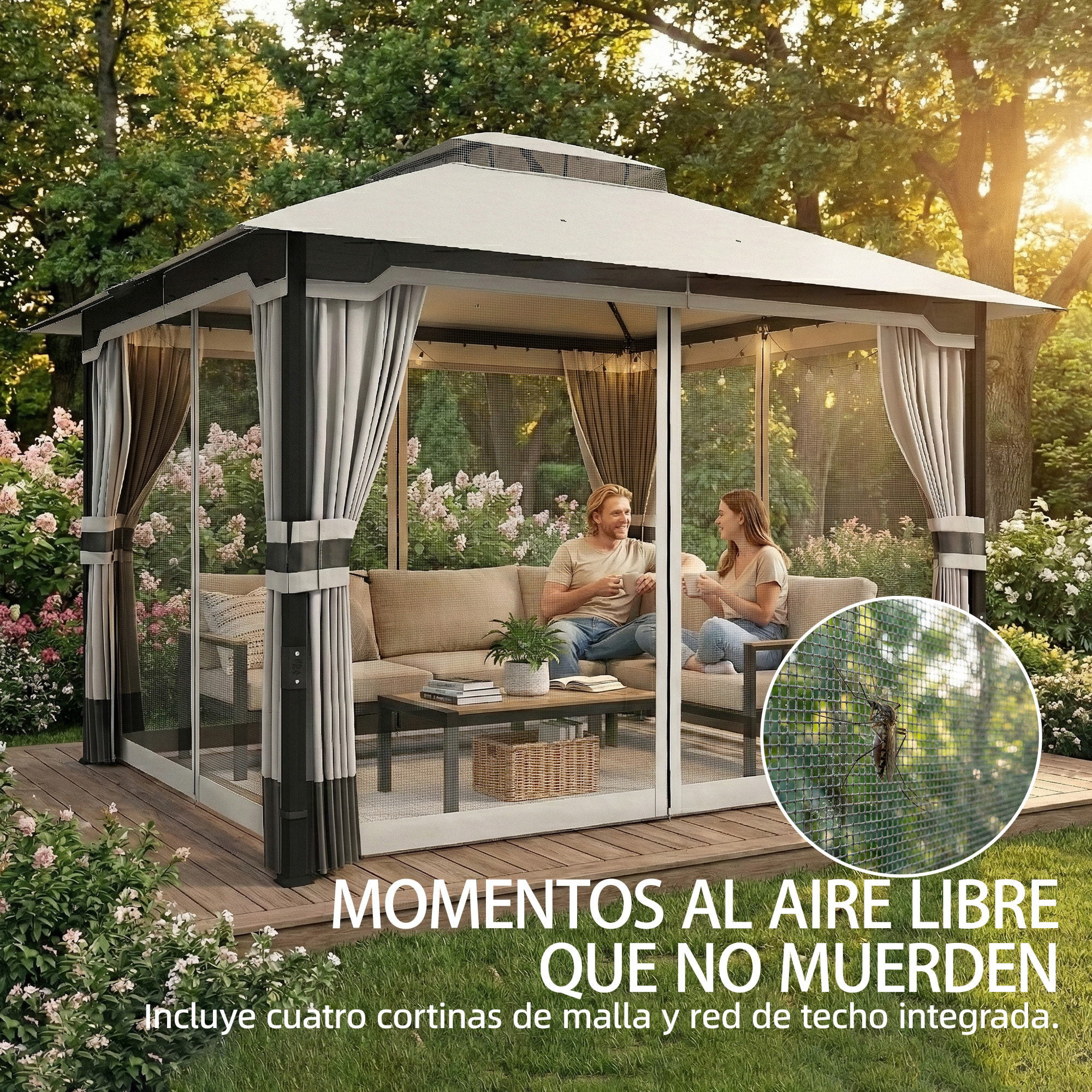 para Jardín 3x3,6 m, Pabellón de Jardín Gazebo con Doble Techo, 4 Paredes Laterales y Mosquitera, Estructura Metálica, Drenaje, Carpa para Exterior, Terraza, Patio, Gris Claro