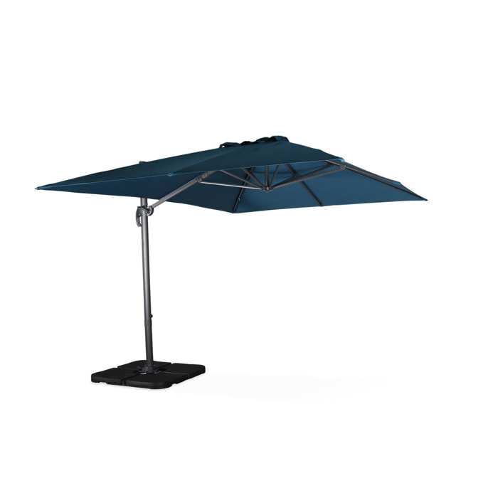 Parasol déporté rectangulaire bleu canard 3x4m + dalles à lester 50x50cm