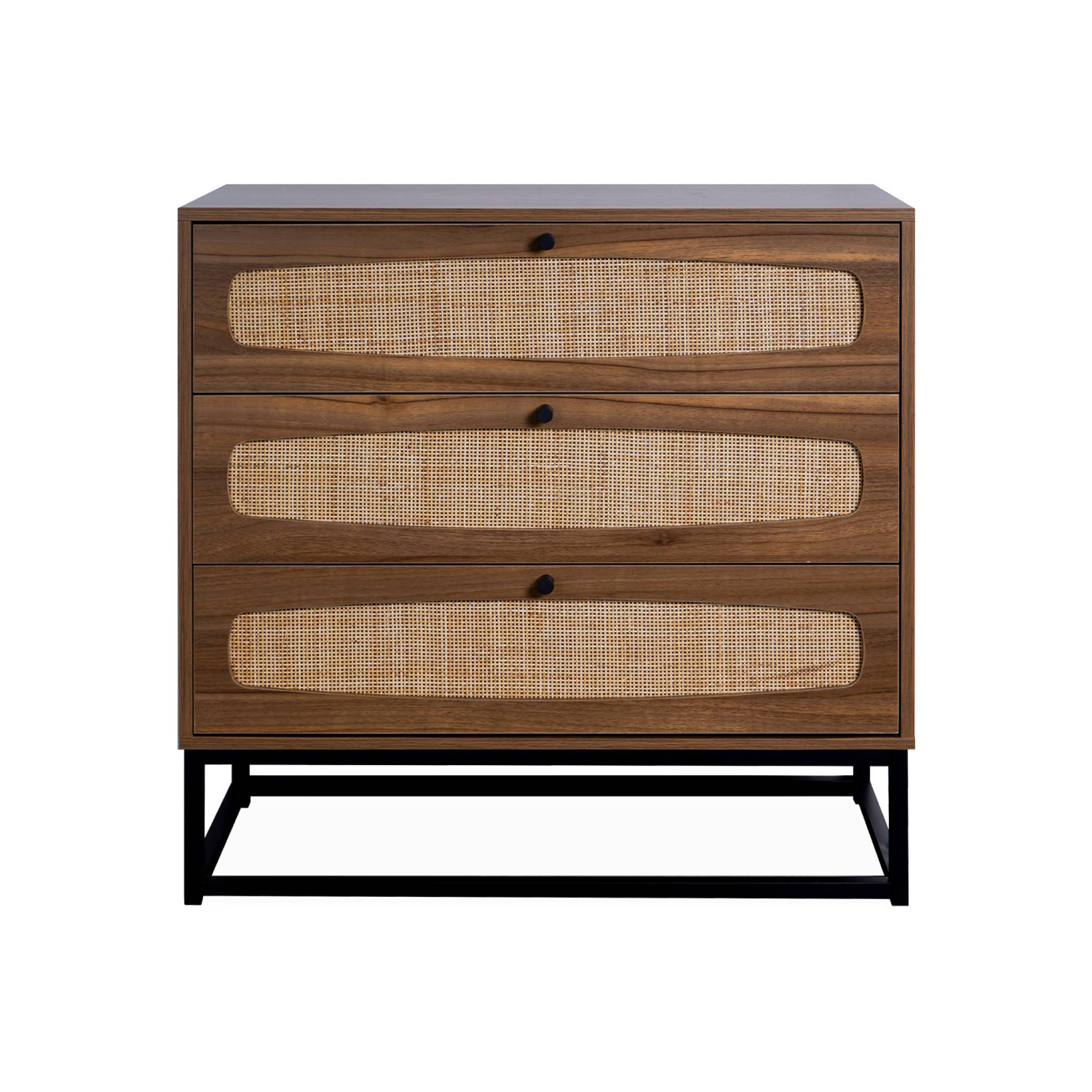 Commode rétro décor bois et cannage 3 tiroirs piètement et poignées en métal noir