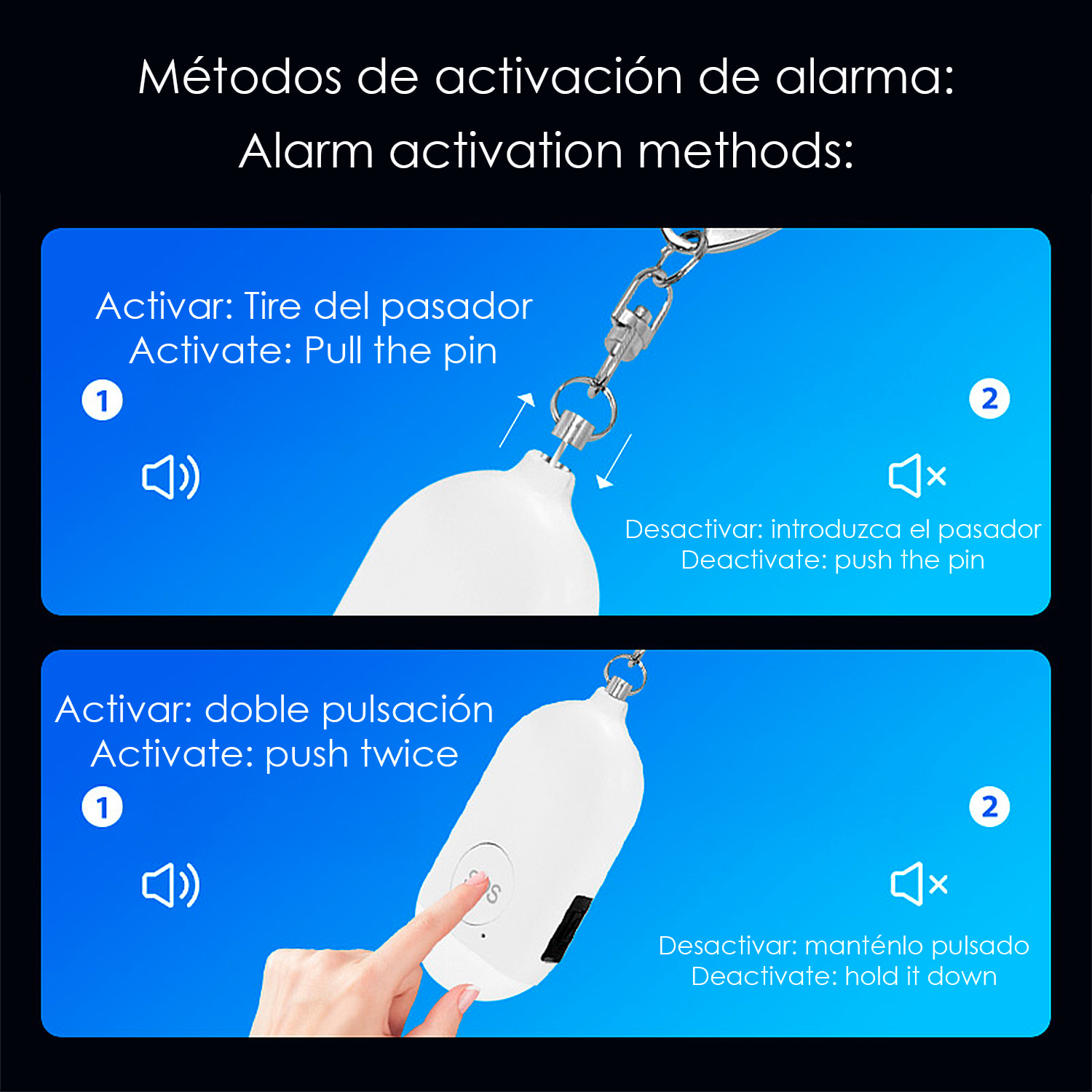 Allarme SOS personale con bluetooth, luce LED brillante da 12lm e suono da 130dB. Doppia attivazione rapida e notifiche.