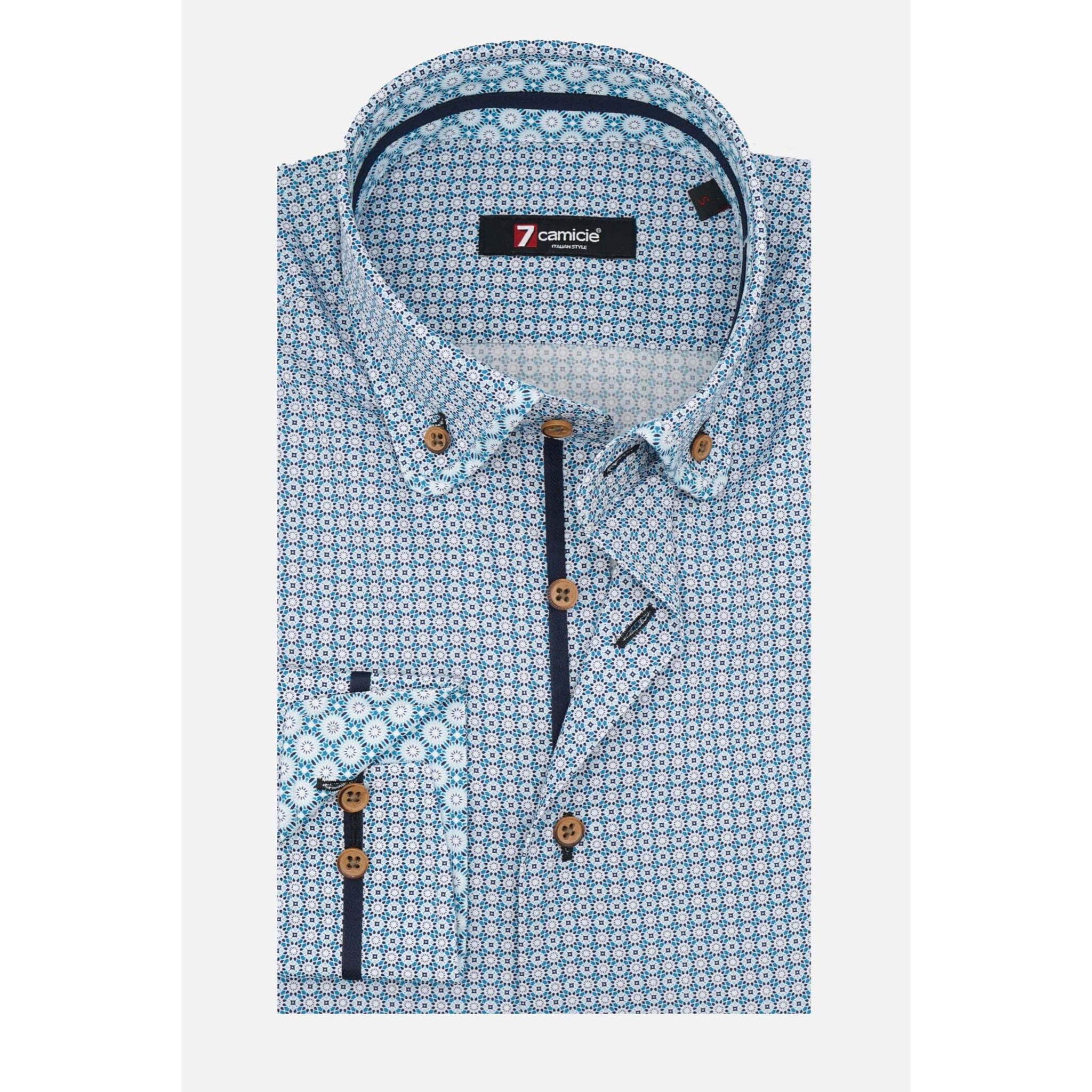Camicia Uomo 1 Bottoni Button Down Slim Popeline Stampato Verde Ottanio/Bianco