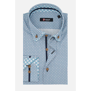 Camicia Uomo 1 Bottoni Button Down Slim Popeline Stampato Verde Ottanio/Bianco