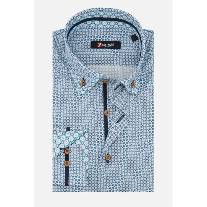 Camicia Uomo 1 Bottoni Button Down Slim Popeline Stampato Verde Ottanio/Bianco