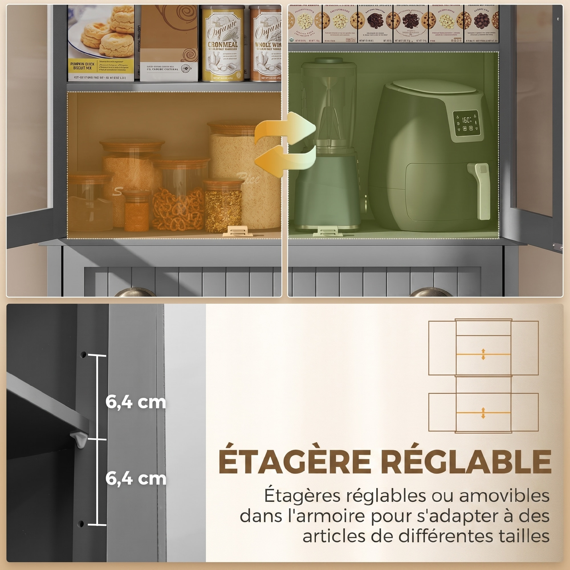 Armoire de cuisine buffet haut 4 portes grand tiroir coulissant dim. 76L x 40l x 182H cm panneaux gris verre