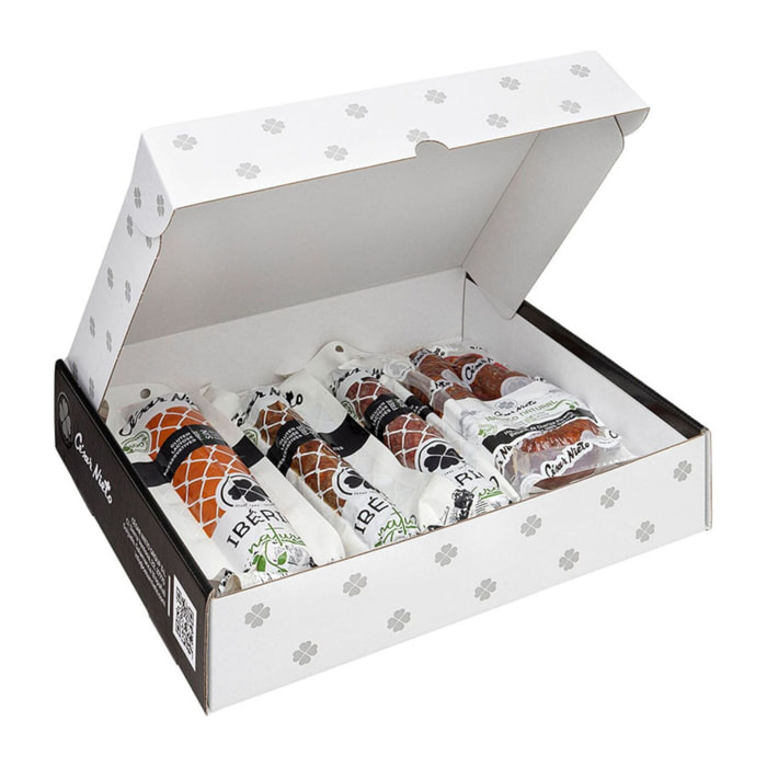Coffret Délices Ibériques : Vela Chorizo Bellota (200g) + Vela Saucisson Bellota (200g) + Chorizo Sarta Piquant (350g) + Sobrasada Ibérica 100% Naturelle (250g) + Caisse Cadeau C. Nieto - 1 kg - Espagne - César Nieto