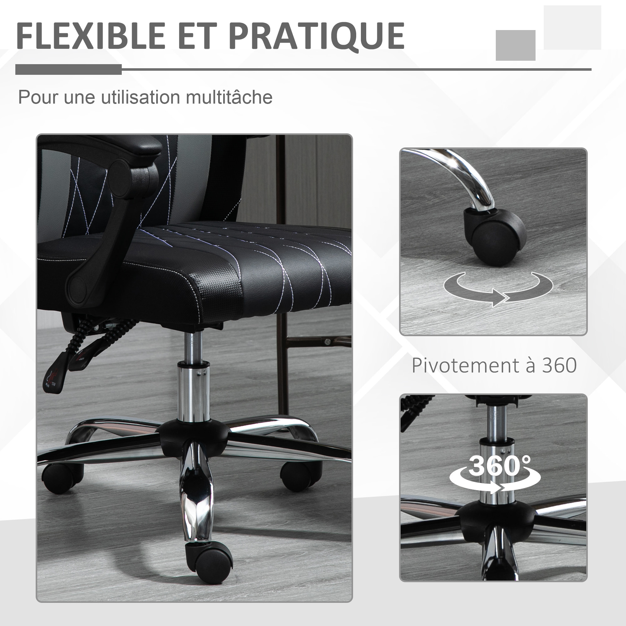 Fauteuil de bureau manager inclinable réglable support lombaires tétière tissu maille polyester PU gris noir