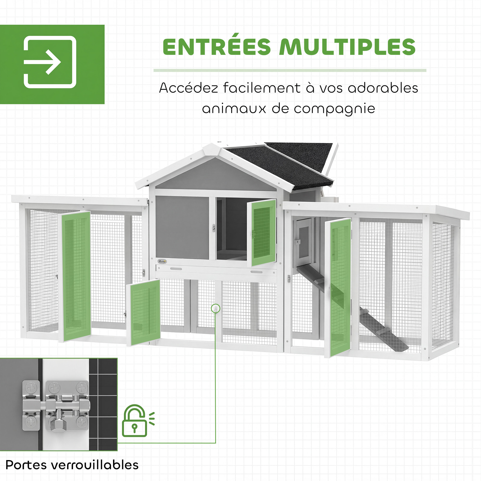 Poulailler chalet multi-équipé rampes nichoirs pondoirs plateau excrément fenêtre portes bois gris blanc