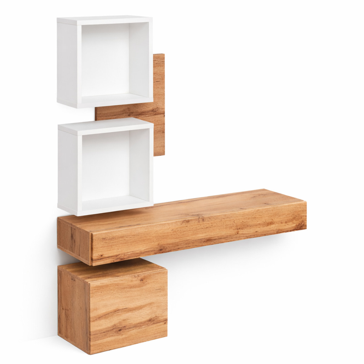 Mobile Ingresso Moderno Con Pensili A Giorno Mensole Sospese Con Cassetto E Anta Salvaspazio Design Nordico 100 x 170 x 30 Cm Bianco E Rovere