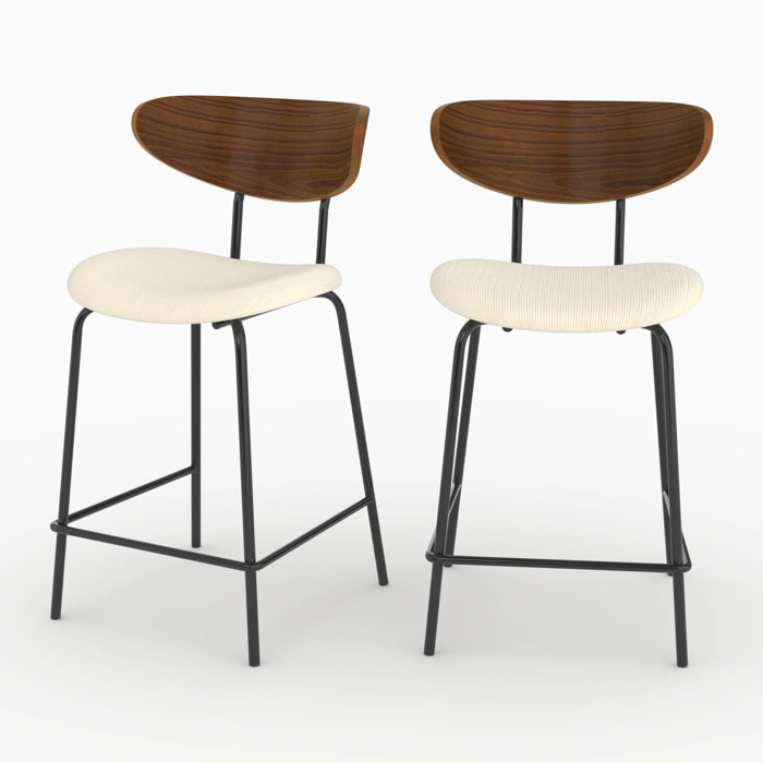 Lot de 2 chaises pour îlot central, velours côtelé blanc crème 64.5 cm - Jade