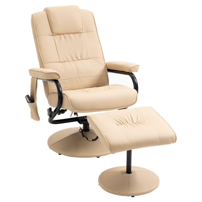 Sillón de Masaje Eléctrico con Taburete Reposapiés Sillón Relax Giratorio Reclinable hasta 145° con Control Remoto y 10 Zonas de Masaje Tapizado en PU 77x84x95 cm Beige