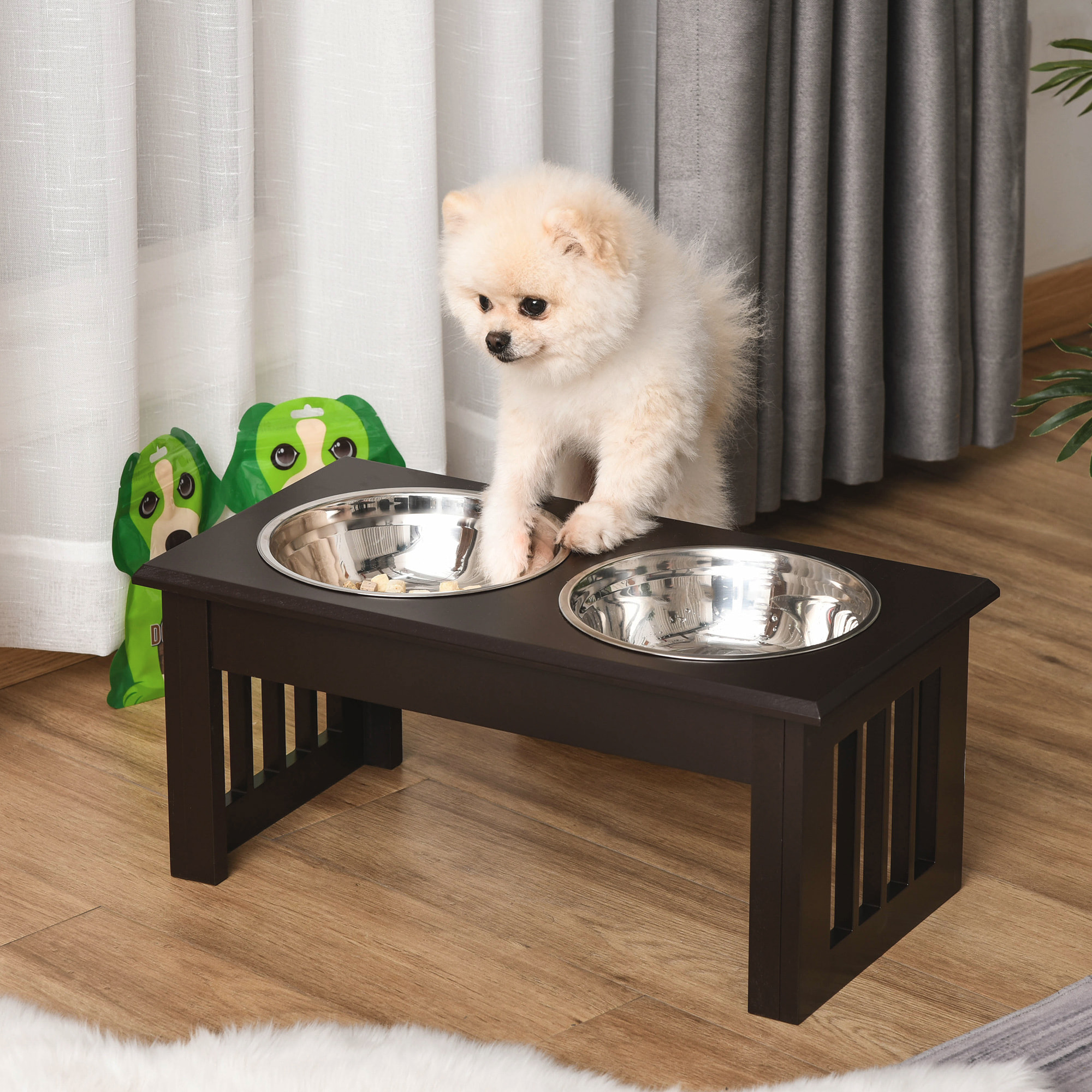 Comedero Elevado para Perros con Soporte y 2 Cuencos Extraíbles de Acero Inoxidable Alimentador para Mascotas Alimento y Agua 44x24x15 cm Marrón