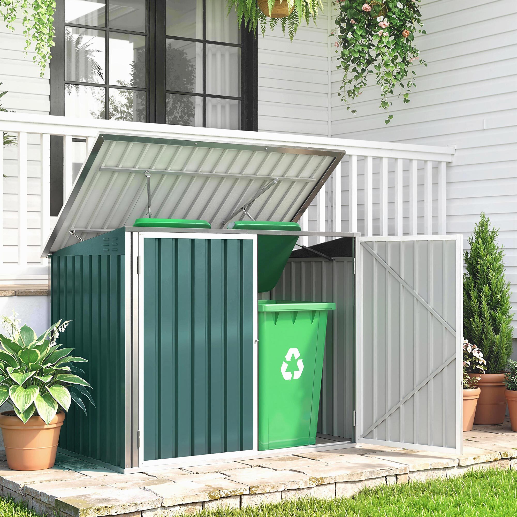 Abri de poubelle jardin - cache poubelle - 2 portes verrouillables, toit ouvrant - tôle d'acier blanc vert