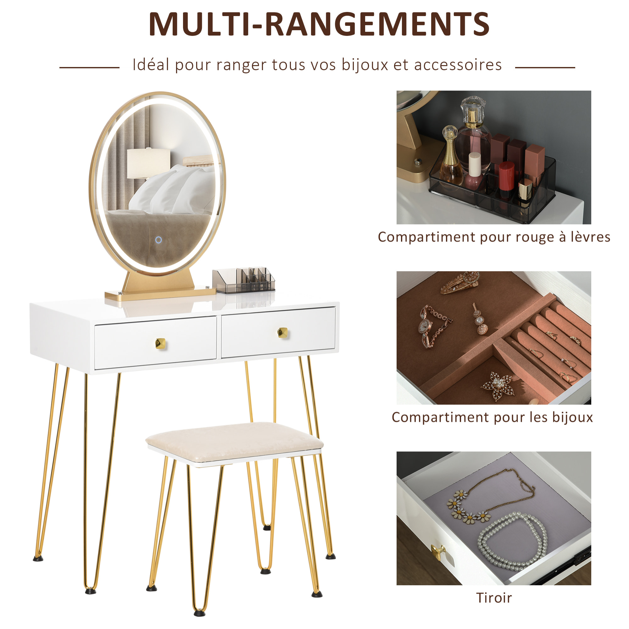 Coiffeuse design - miroir LED intégré - 2 tiroirs + 1 organisateur - tabouret inclus - métal noir MDF banc doré