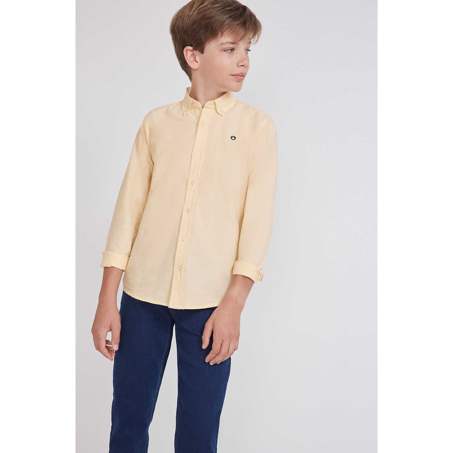 Polo Niño Manga Larga de Punto Camisa 100 % Algodón Color Blanco, Cuello Button-Down, Botones Frontales, Logo Bordado | Color: Amarillo claro | Street Monkey