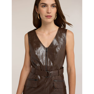 Motivi - Tubino effetto crinkle con cintura e tasche zip - Marrone