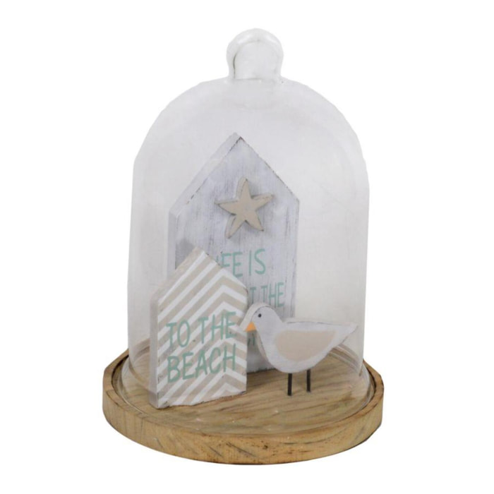 Decorazione Mare gabbiano e cabine in legno con campana di vetro tondo cmø19,5h28,5