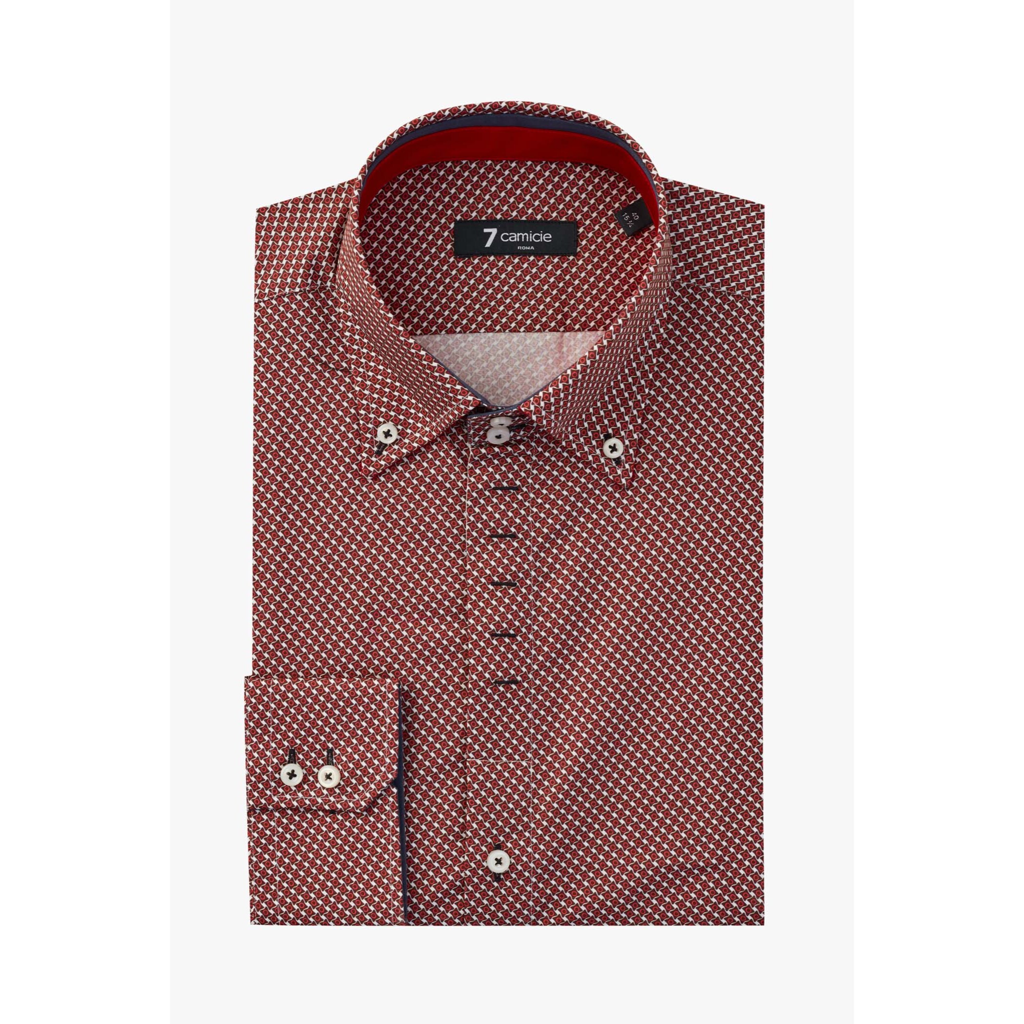 Camicia Uomo 2 Bottoni Button Down Slim Popeline Stampato Bordeaux e Panna