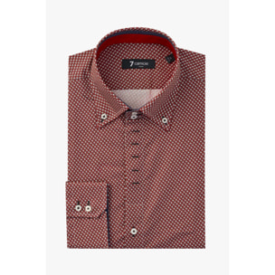 Camicia Uomo 2 Bottoni Button Down Slim Popeline Stampato Bordeaux e Panna