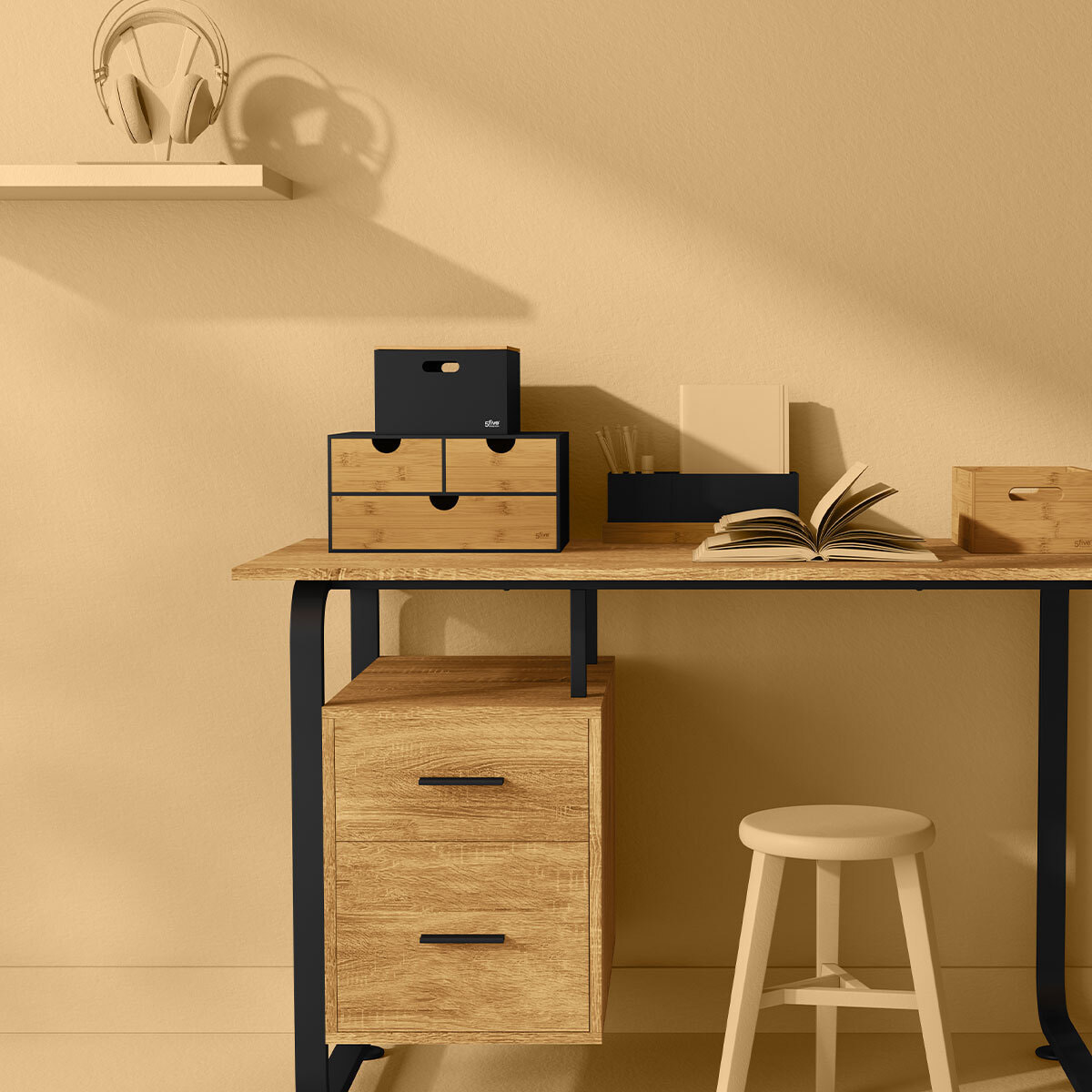 Tour de rangement bureau 3 tiroirs bambou "Bava" noir