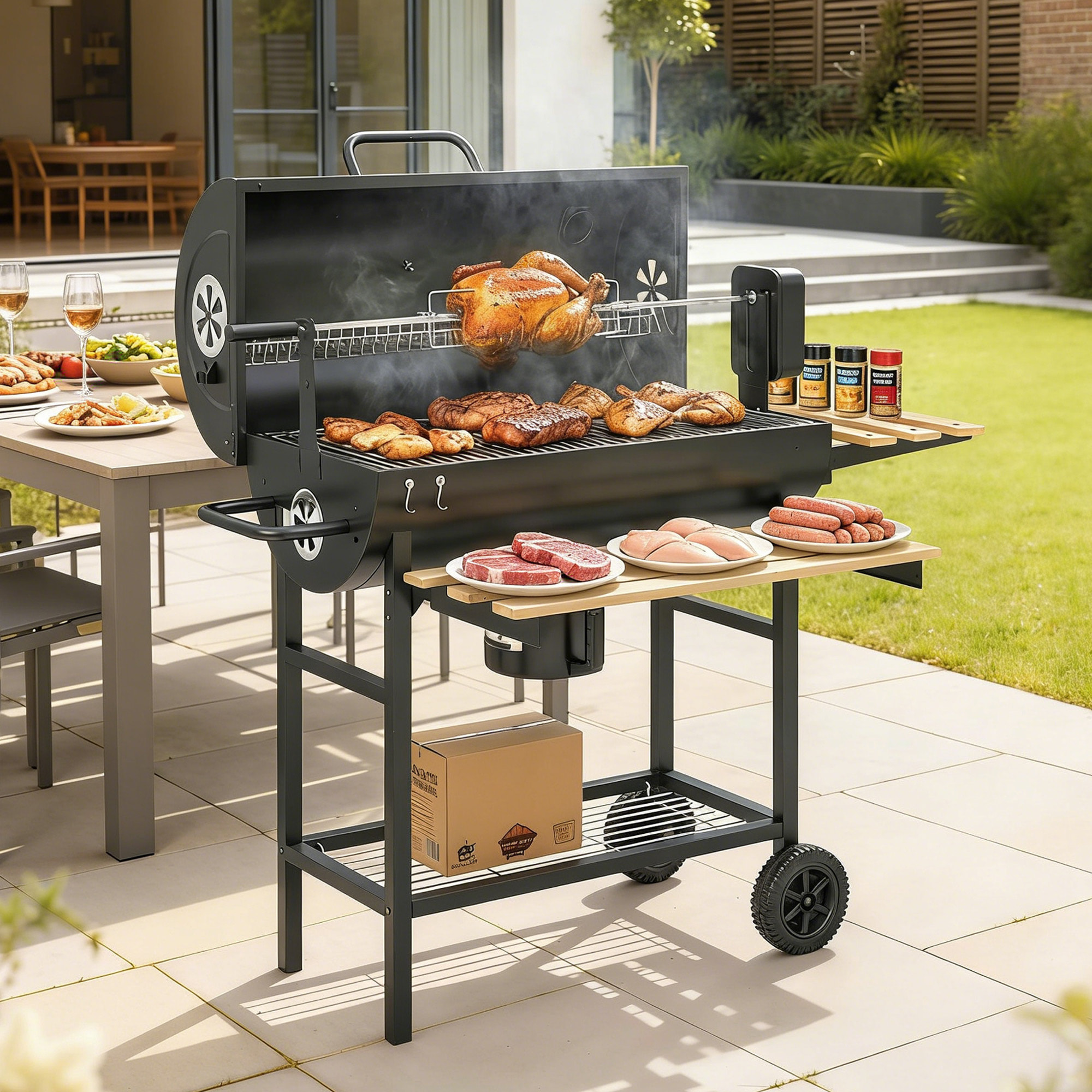 Barbecue charbon rôtissoire électrique intégrée accessoires rangements