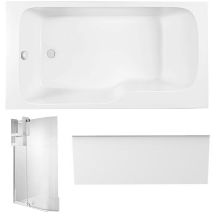 Pack baignoire bain douche 160 x 85 Malice version gauche + tablier en niche + pare bain + étagère pour pare bain