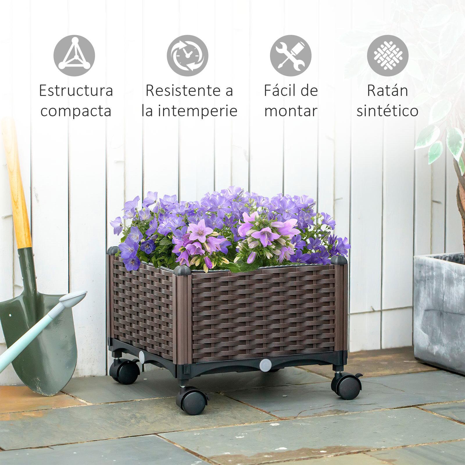 Jardinera de Plástico Curdrada con 4 Ruedas Cultivo Plantas 40x40x31,5 cm Marrón