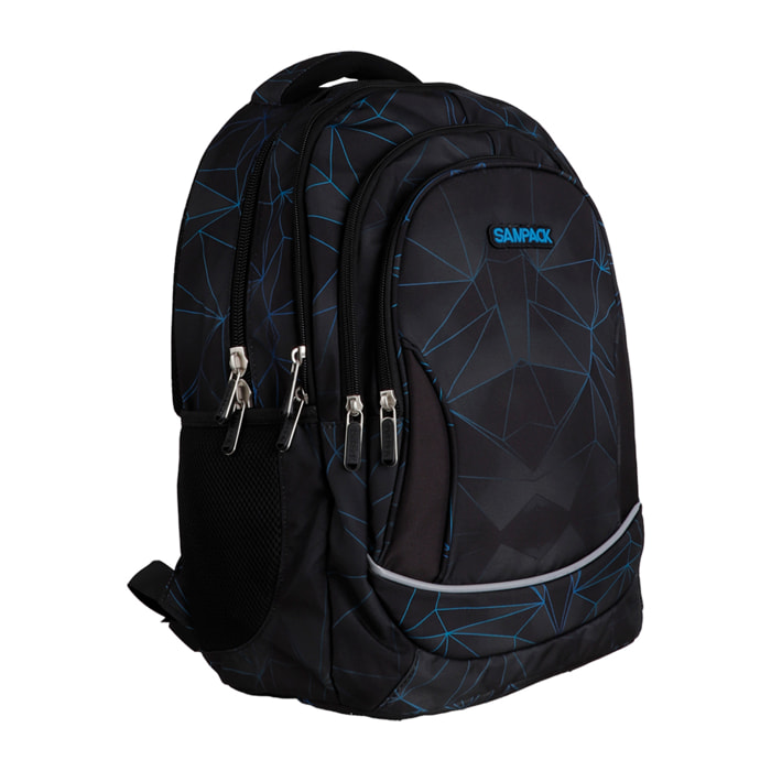 Zaino scolastico con quattro cerniere, pannello imbottito, dettagli riflettenti e compatibile con trolley. 30x16x42 cm.