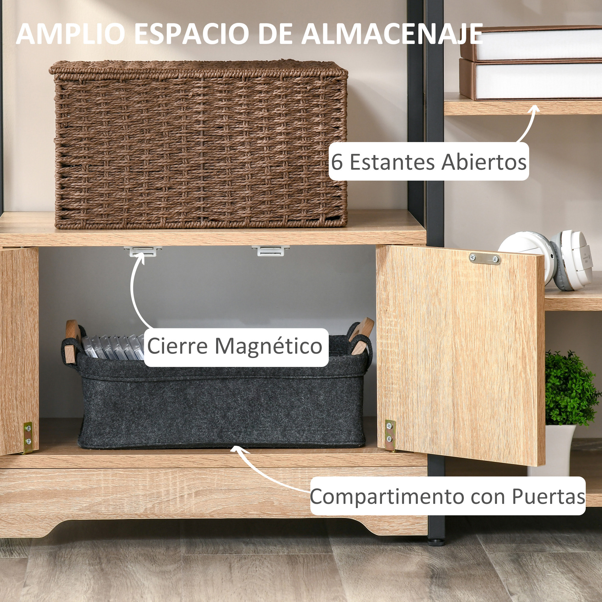 HOMCOM Estantería para Libros con Múltiples Estantes Abiertos y 1 Armario de Doble Puerta Librería de Almacenamiento para Oficina Salón 80x35x97 cm Madera Natural