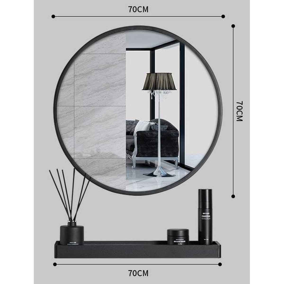 Specchio circolare con mensola e portasciugamani nero 70 cm