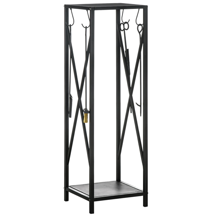 Soporte para Leña Estante de Leña Metálico Leñero de Exterior con Ganchos Pala Cepillo Atizador y Tenazas Carga 65 kg 34x34x111 cm Negro