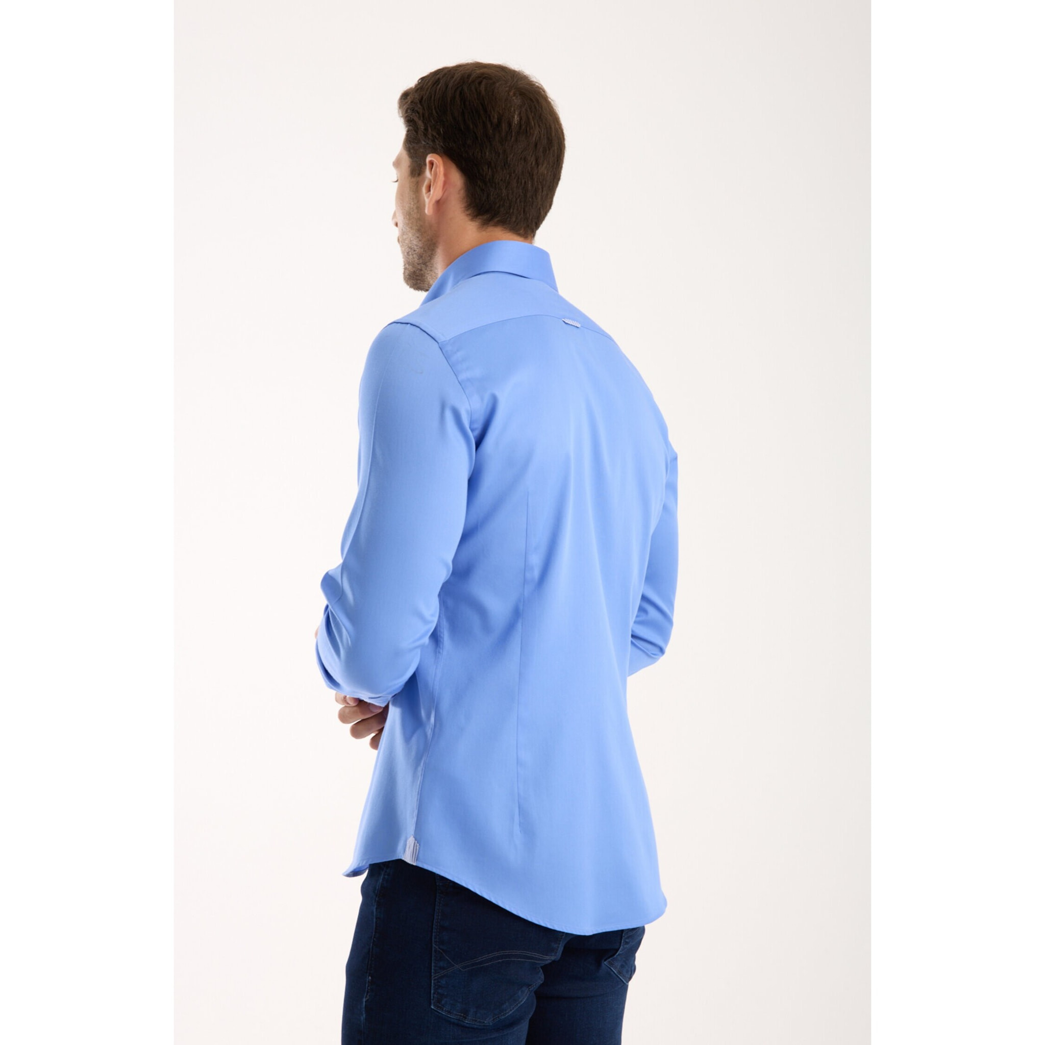 Camicia Uomo 2 Bottoni Button Down Slim Satin Unito Celeste Medio