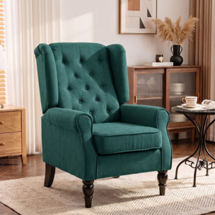 HOMCOM Sillón Orejero Moderno, Butaca de Salón con Reposabrazos y Patas de Madera, Sofá Individual Carga 160 kg para Oficina, Sala de Estar y Dormitorio, Verde Oscuro