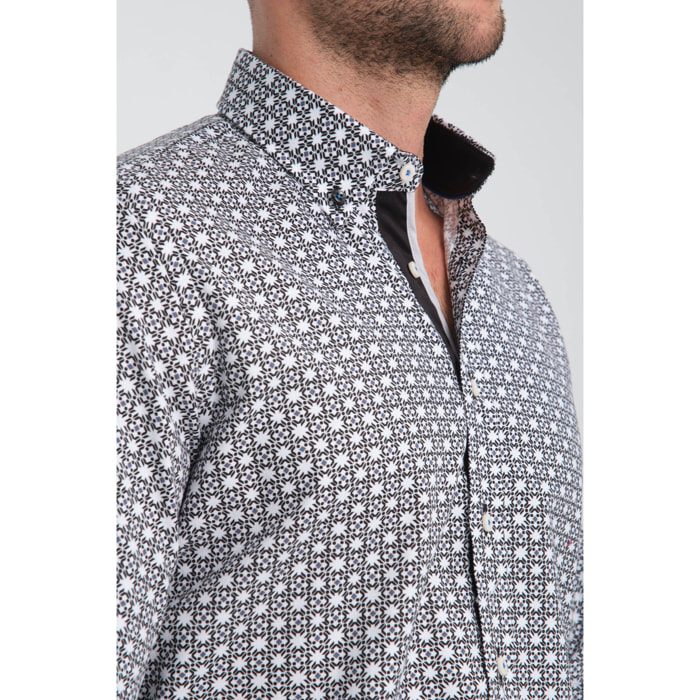 Camicia Uomo Botton Down Slim Oxford Stampato Bianco/Nero