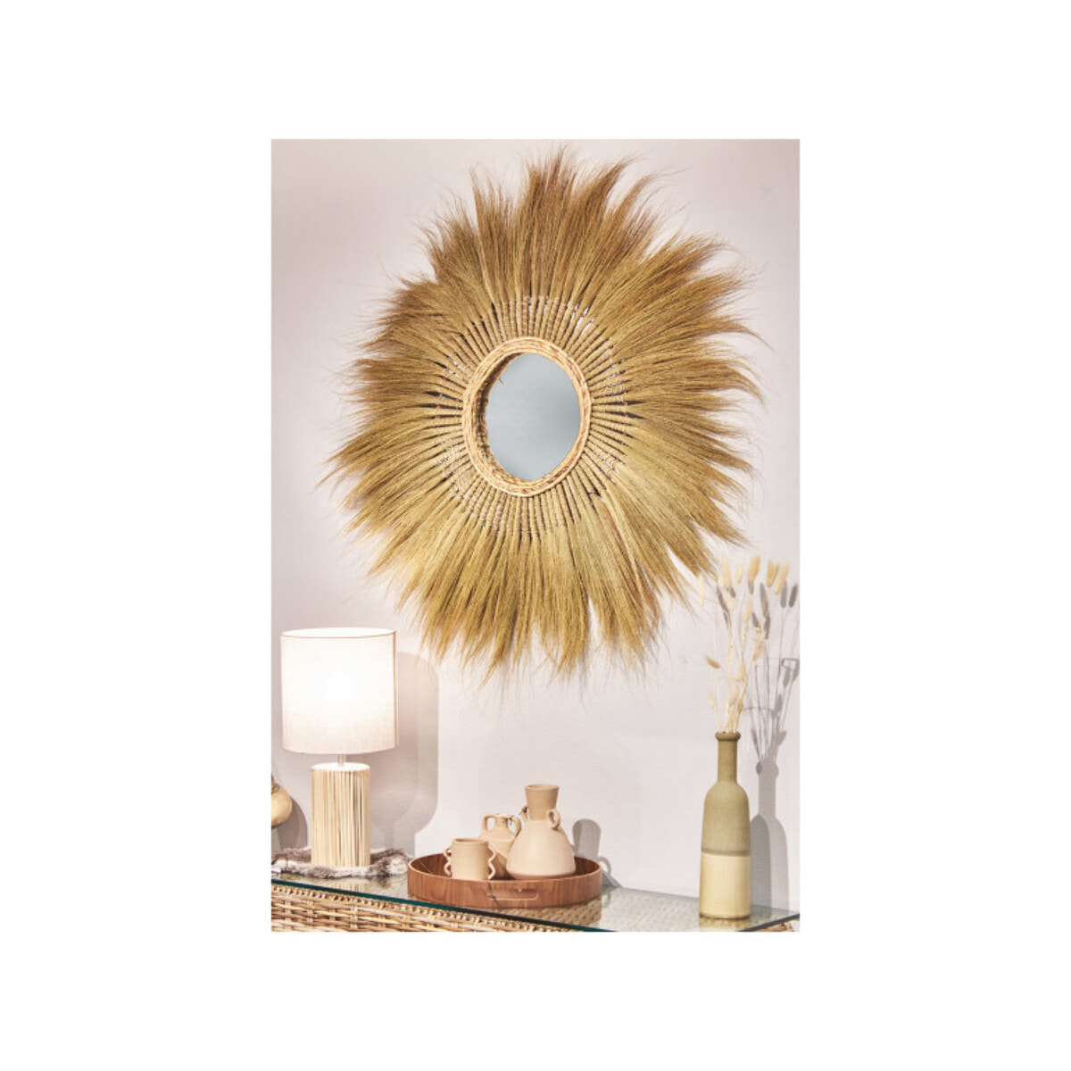 Miroir mural rond 116 cm en herbe de pampa - PLUME